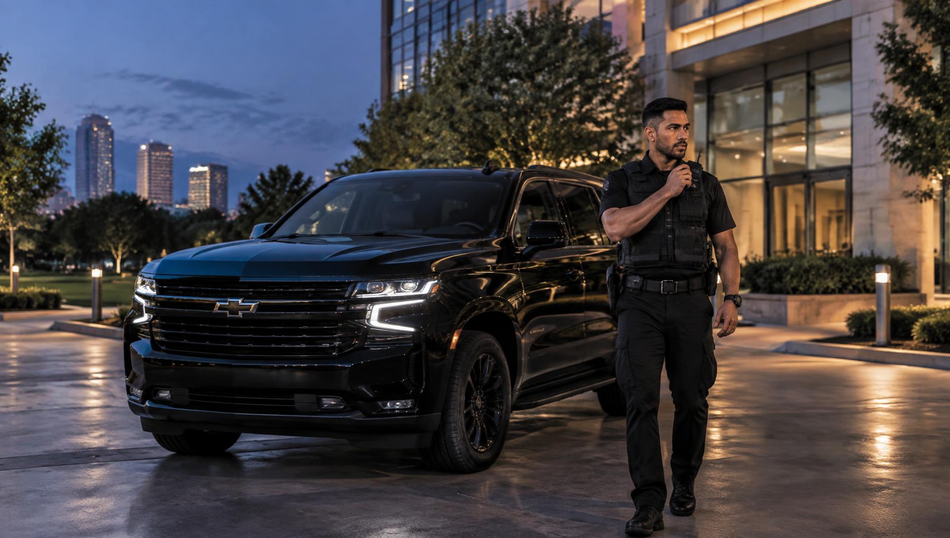 Private security officer on an evening patrol beside a black security SUV at a Houston business campus