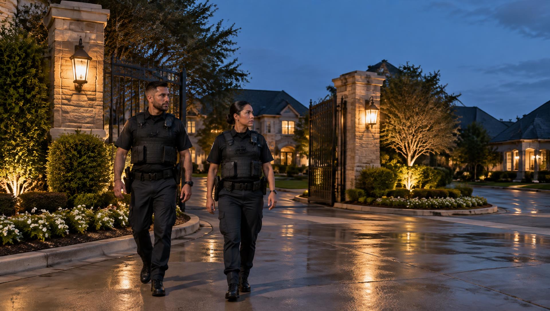 Two uniformed security officers on foot patrol at the lit entrance gate of a Houston residential community