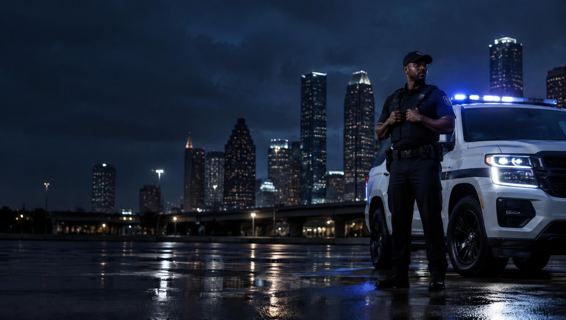 Uniformed security officer and marked patrol vehicle overlooking Houston at night